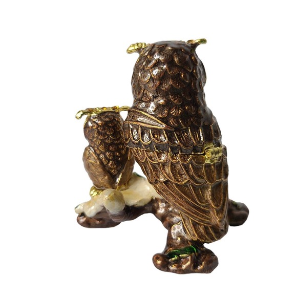 Pier 1 Owl with Baby Figurine Cloisonné Rhinestone Trinket Box Jewelry Holder - Picture 5 of 14
